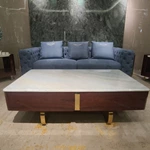 Tufted Light Blue Velvet Sofa with Clean Boxed Sides and Polished Metal Base